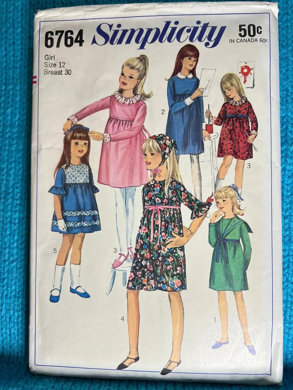 Simplicity 6764 pattern girls dress fit and flare ruffle sleeve 1960s size 14